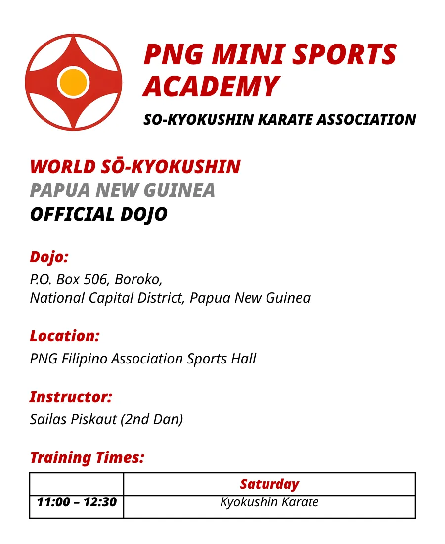 PNG Mini Sports Academy So-Kyokushin Karate Association information — address, instructors and class times