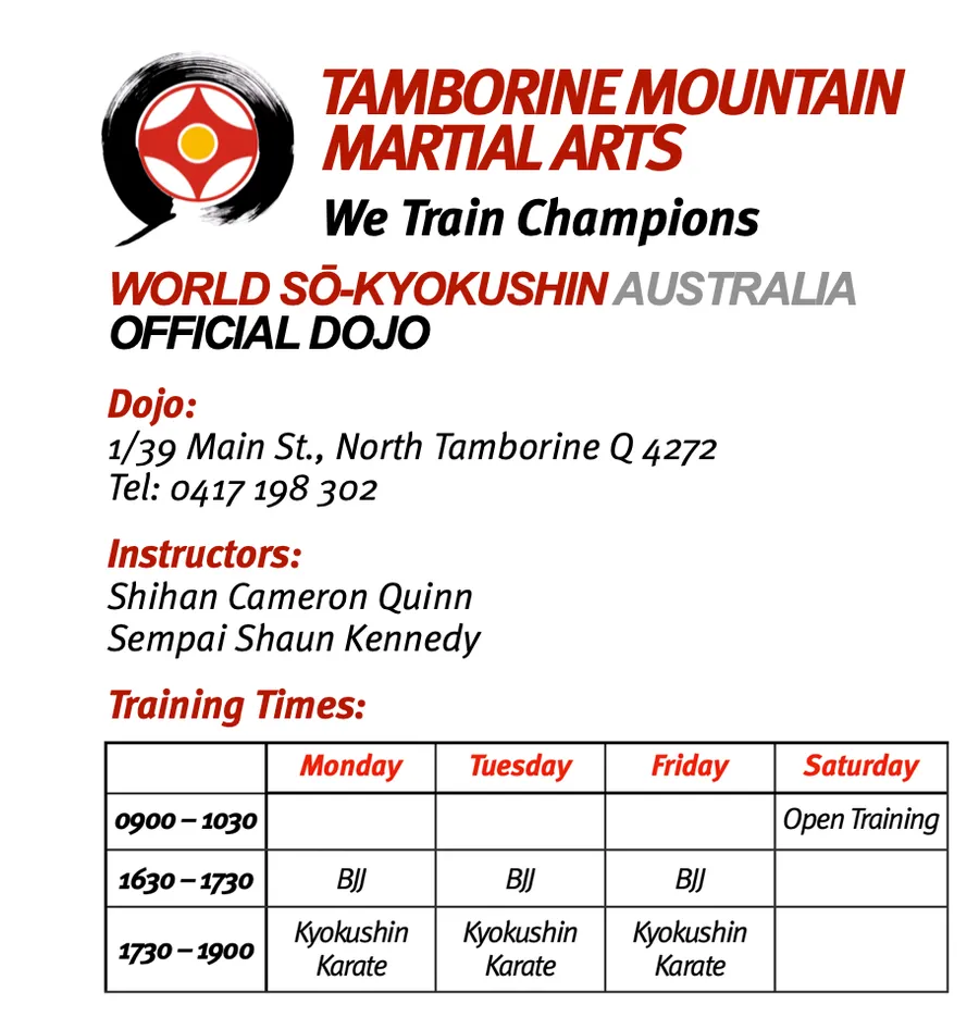 Tamborine Mountain Dojo information — address, instructors and class times